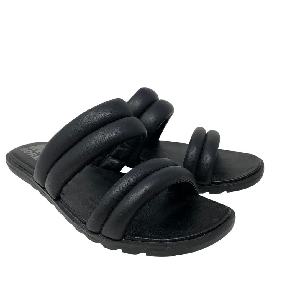 Sorel Ella II Puff Slide Sandal Womens Size 7.5 Black Leather Flat Slip On